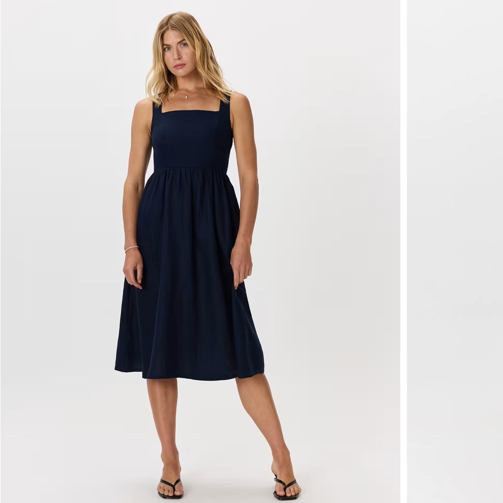 Quince 100% European Linen Fit & Flare Midi Dress Deep Navy Womens Small